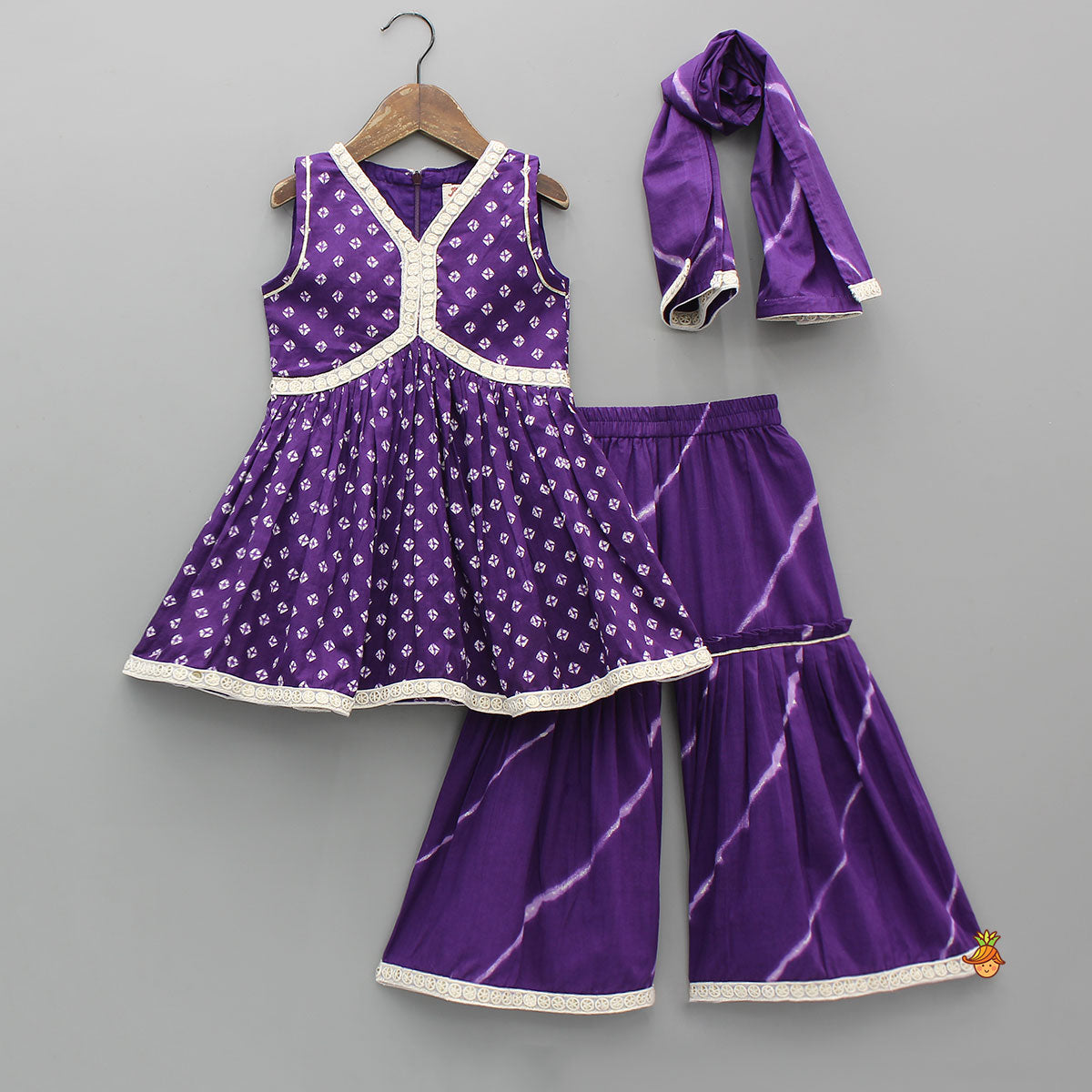 Bandhani Printed Ethnic Kurti With Leheriya Sharara And Matching Dupatta