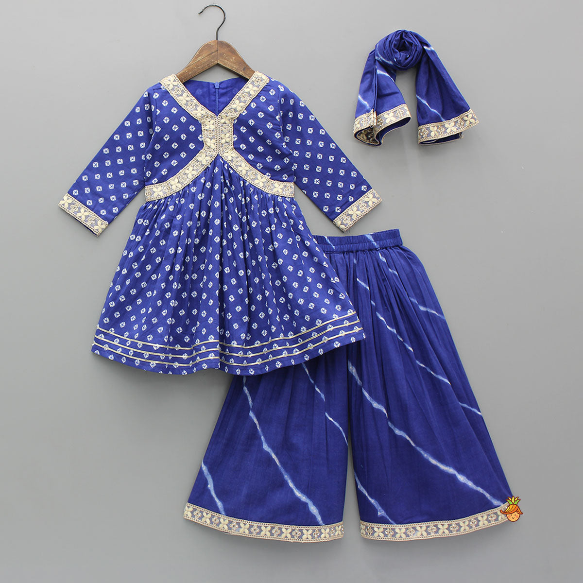 Bandhani Printed Kurti With Leheriya Sharara And Matching Dupatta