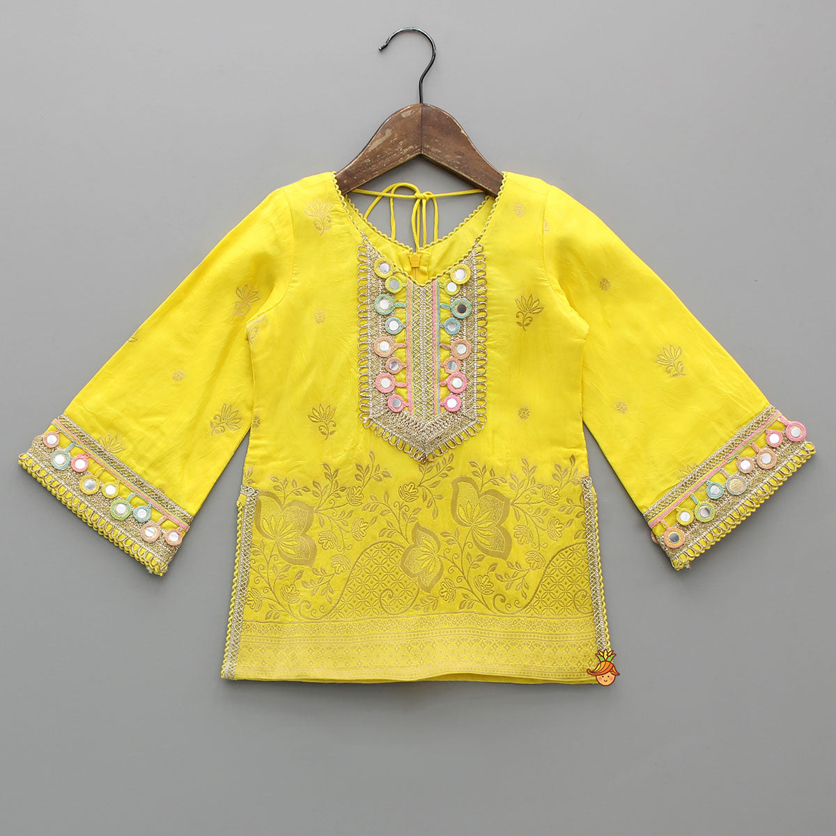 Pre Order: Faux Mirror Embellished Stylish Kurti With Dhoti And Dupatta