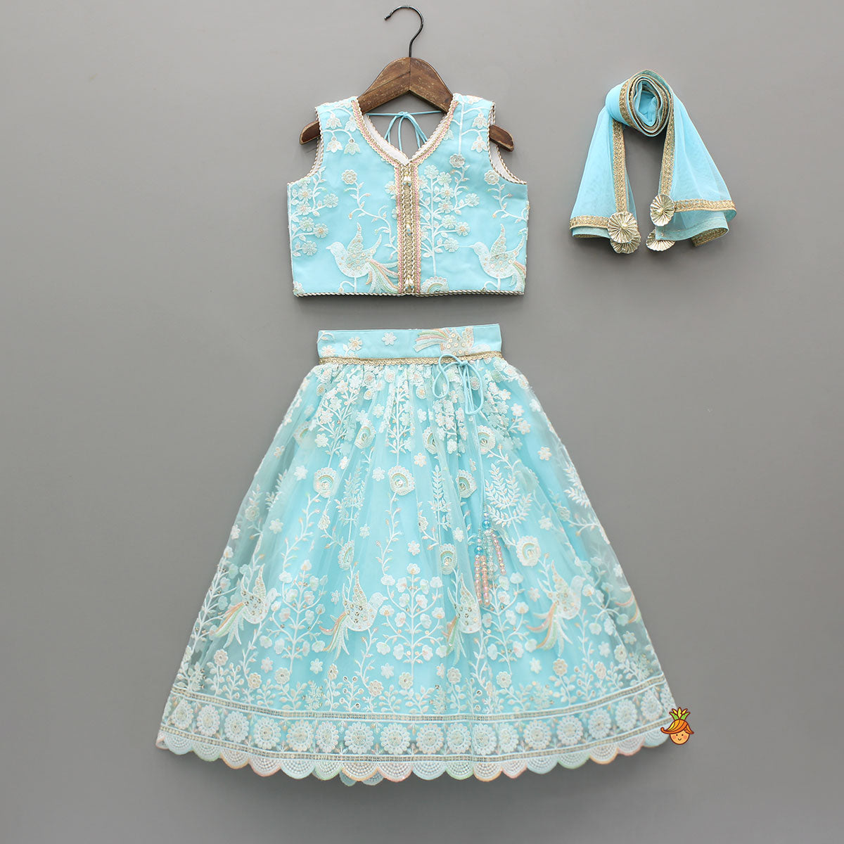 Pre Order: Floral And Bird Embroidered Top With Matching Lehenga And Dupatta