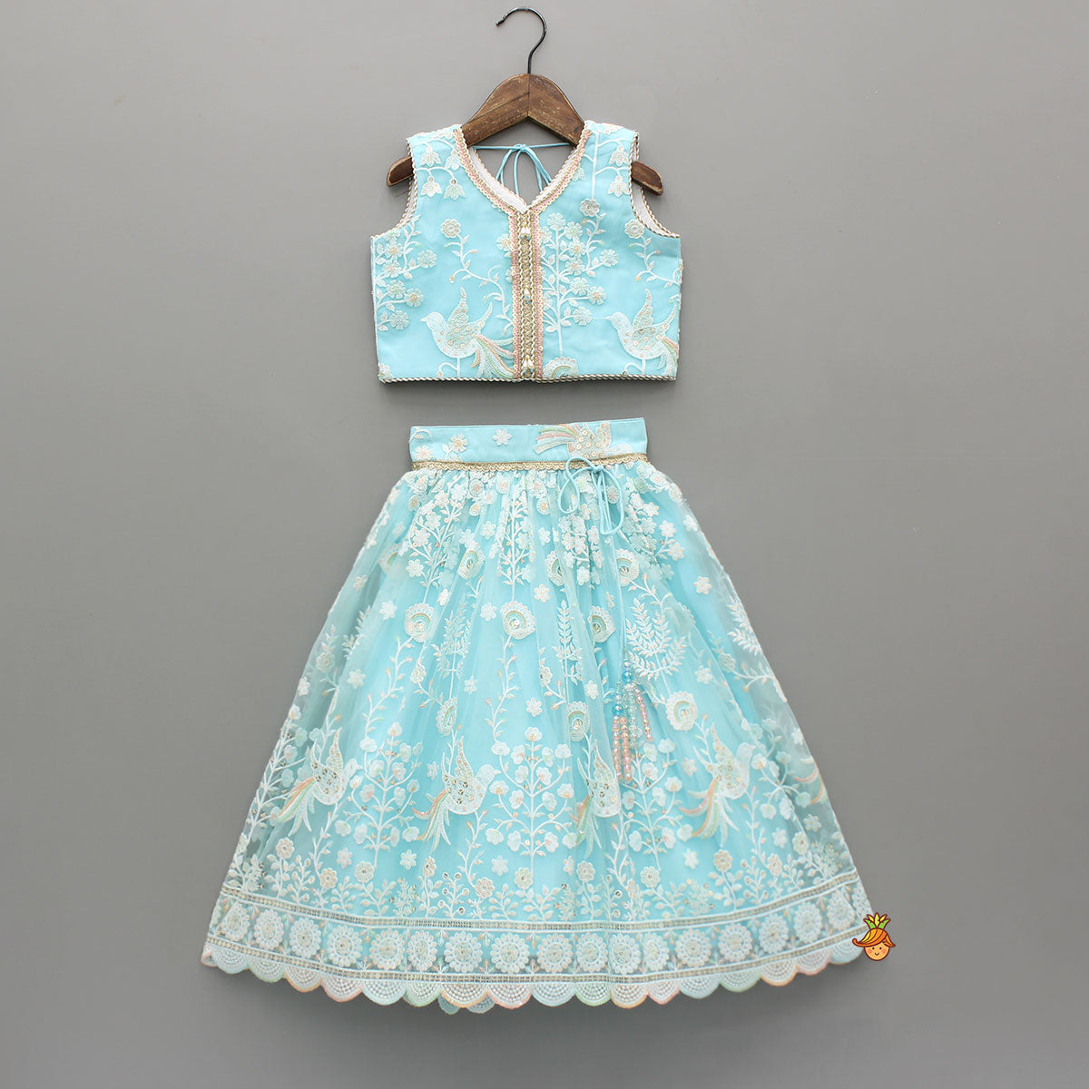 Pre Order: Floral And Bird Embroidered Top With Matching Lehenga And Dupatta