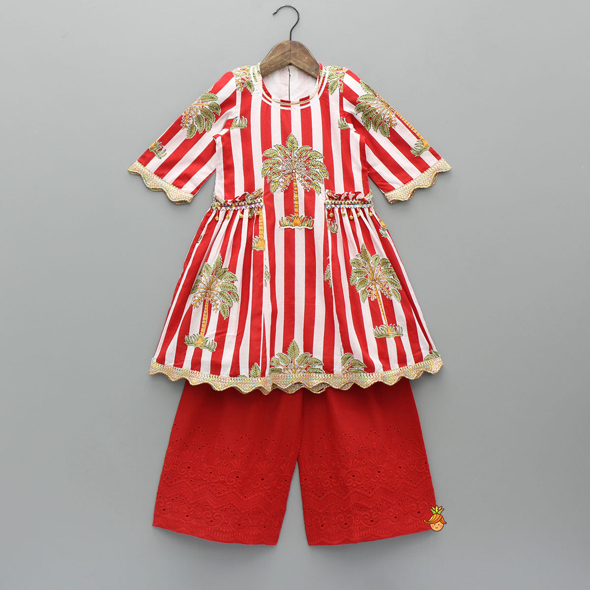Pre Order: Red Striped Printed Embellished Kurti With Palazzo