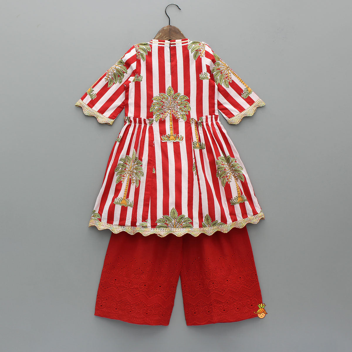 Pre Order: Red Striped Printed Embellished Kurti With Palazzo
