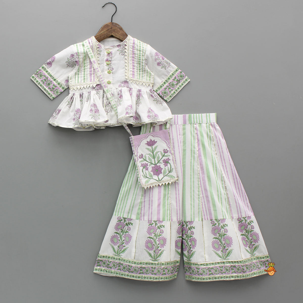 Pre Order: Lace Detailed Floral Printed Top With Printed Palazzo And Sling Bag
