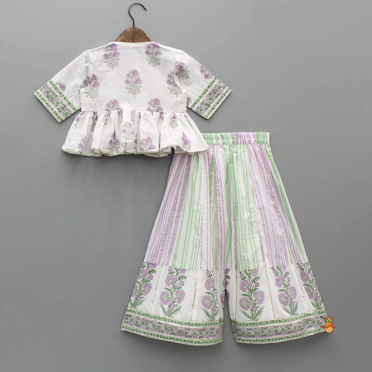 Pre Order: Lace Detailed Floral Printed Top With Printed Palazzo And Sling Bag