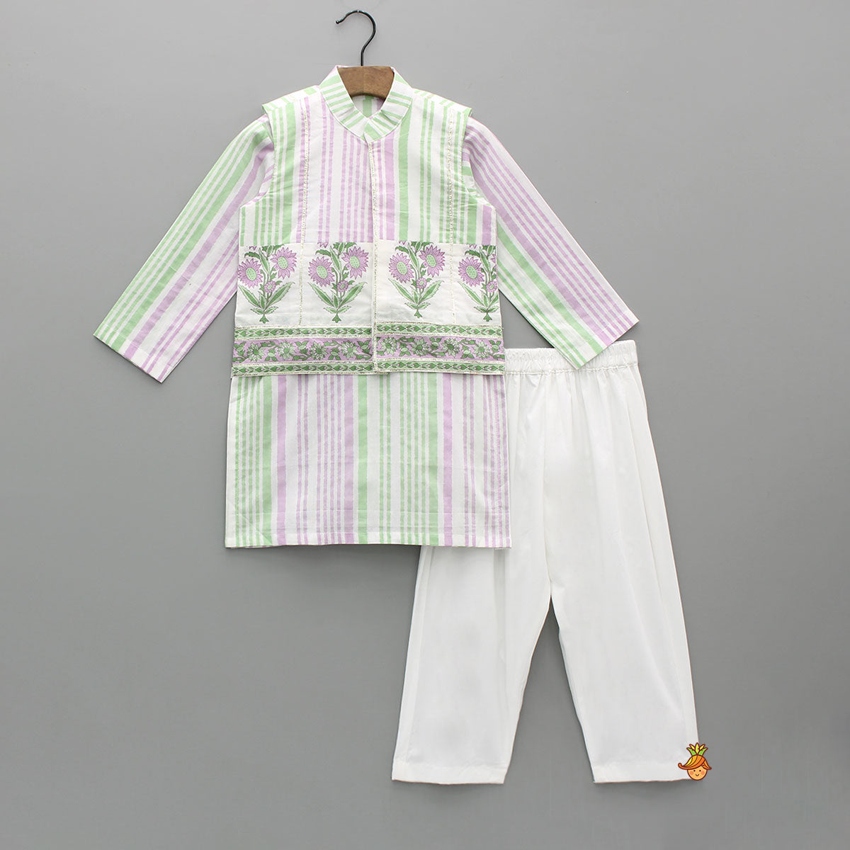 Pre Order: Stripes Printed Kurta With Floral Printed Jacket And Pyjama