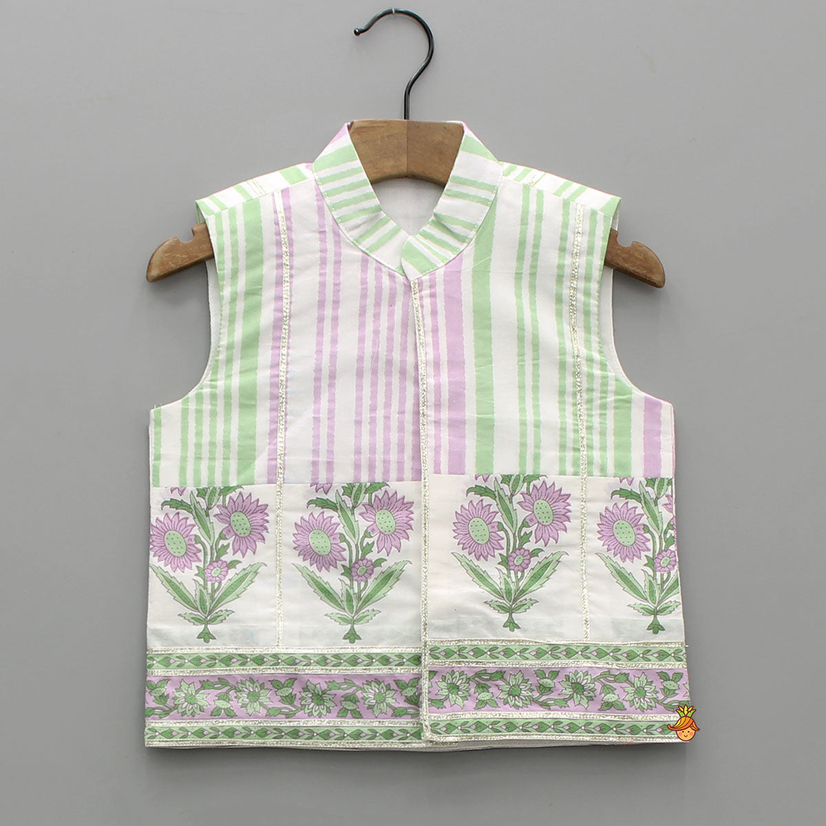 Pre Order: Stripes Printed Kurta With Floral Printed Jacket And Pyjama