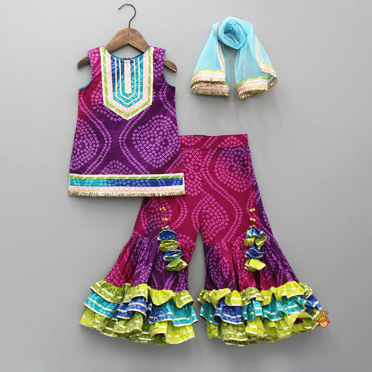 Pre Order: Bandhani Printed Lace Detailed Kurti With Sharara And Dupatta