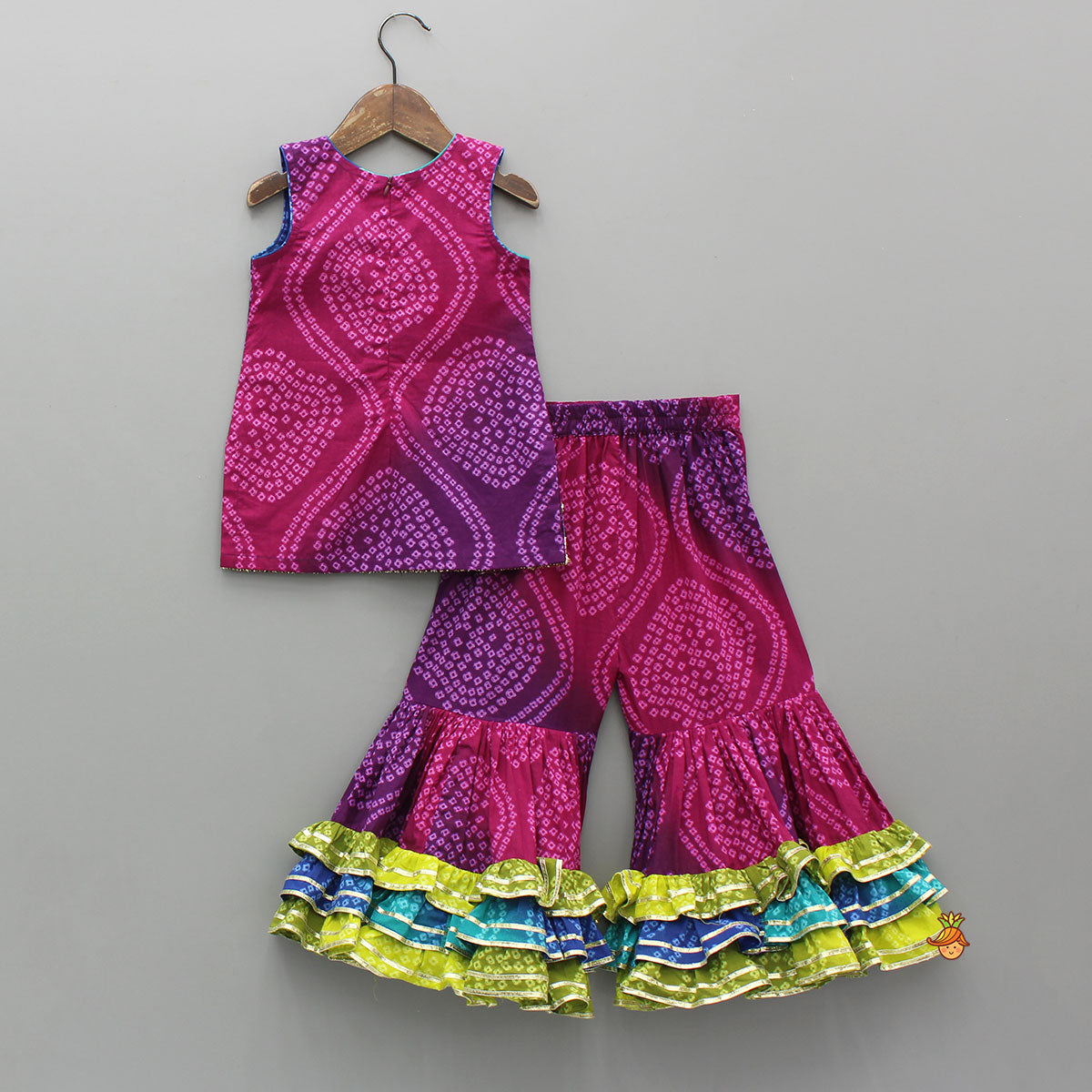 Pre Order: Bandhani Printed Lace Detailed Kurti With Sharara And Dupatta