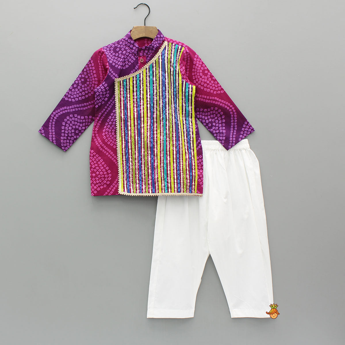 Pre Order: Multicolour Lace Work Flap Detailed Bandhani Printed Kurta With Pyjama