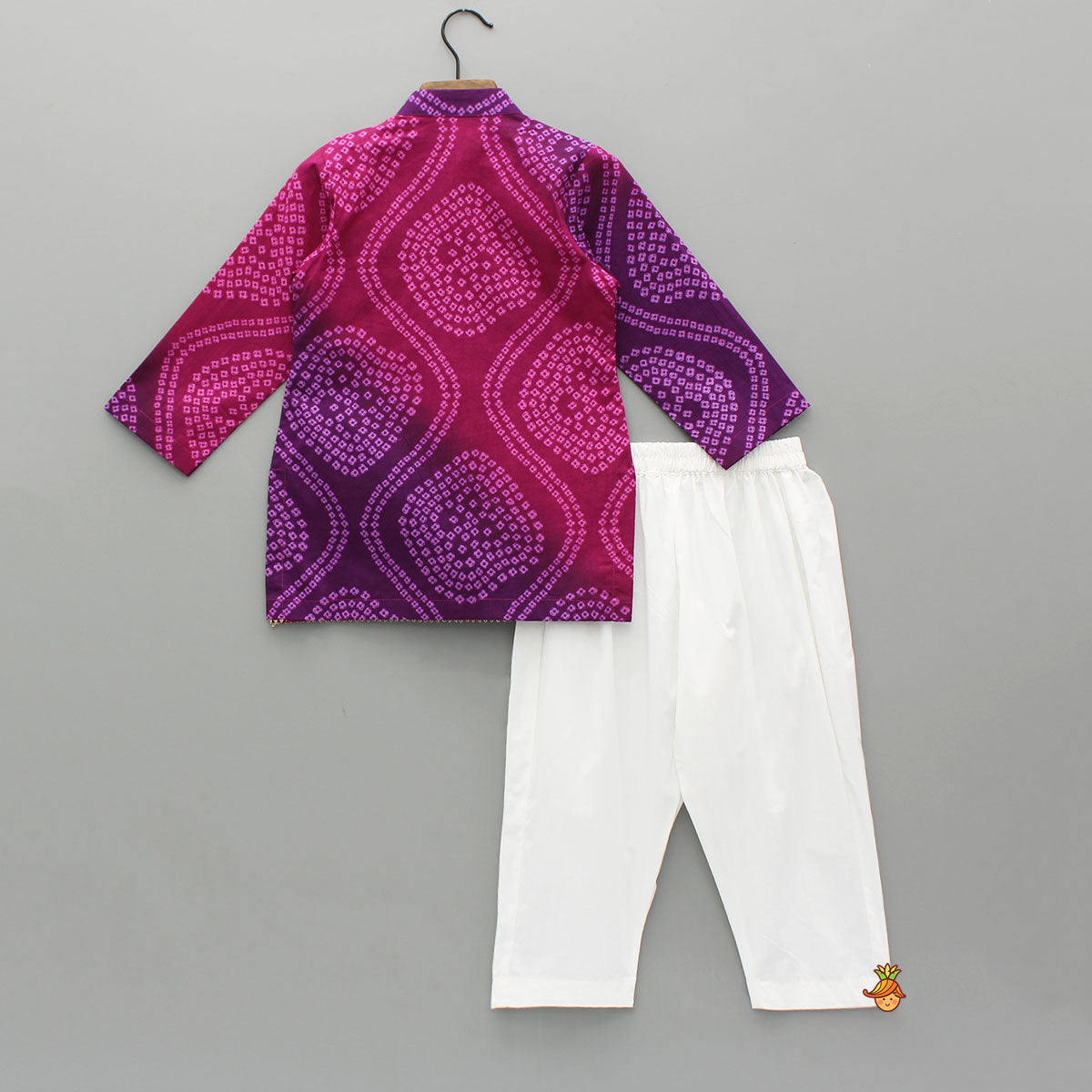 Pre Order: Multicolour Lace Work Flap Detailed Bandhani Printed Kurta With Pyjama