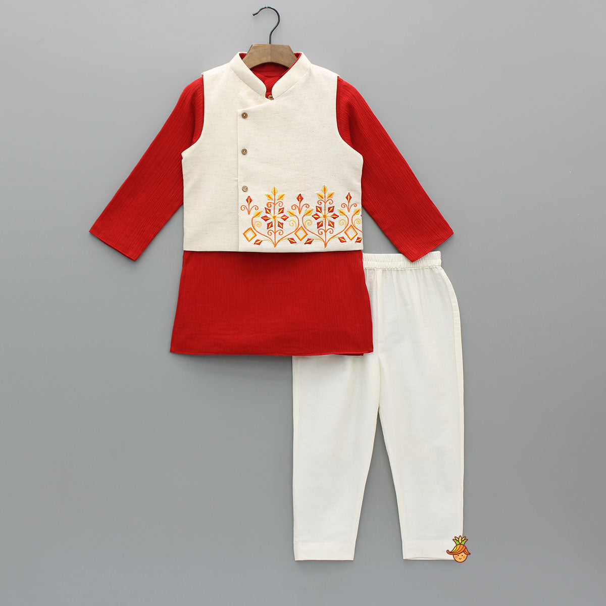 Pre Order: Ethnic Kurta With Embroidered Asymmetric Jacket And Pyjama