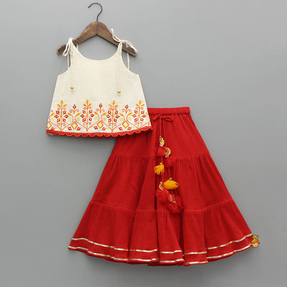 Pre Order: Tie Up Strappy Embroidered Top With Tiered Lehenga