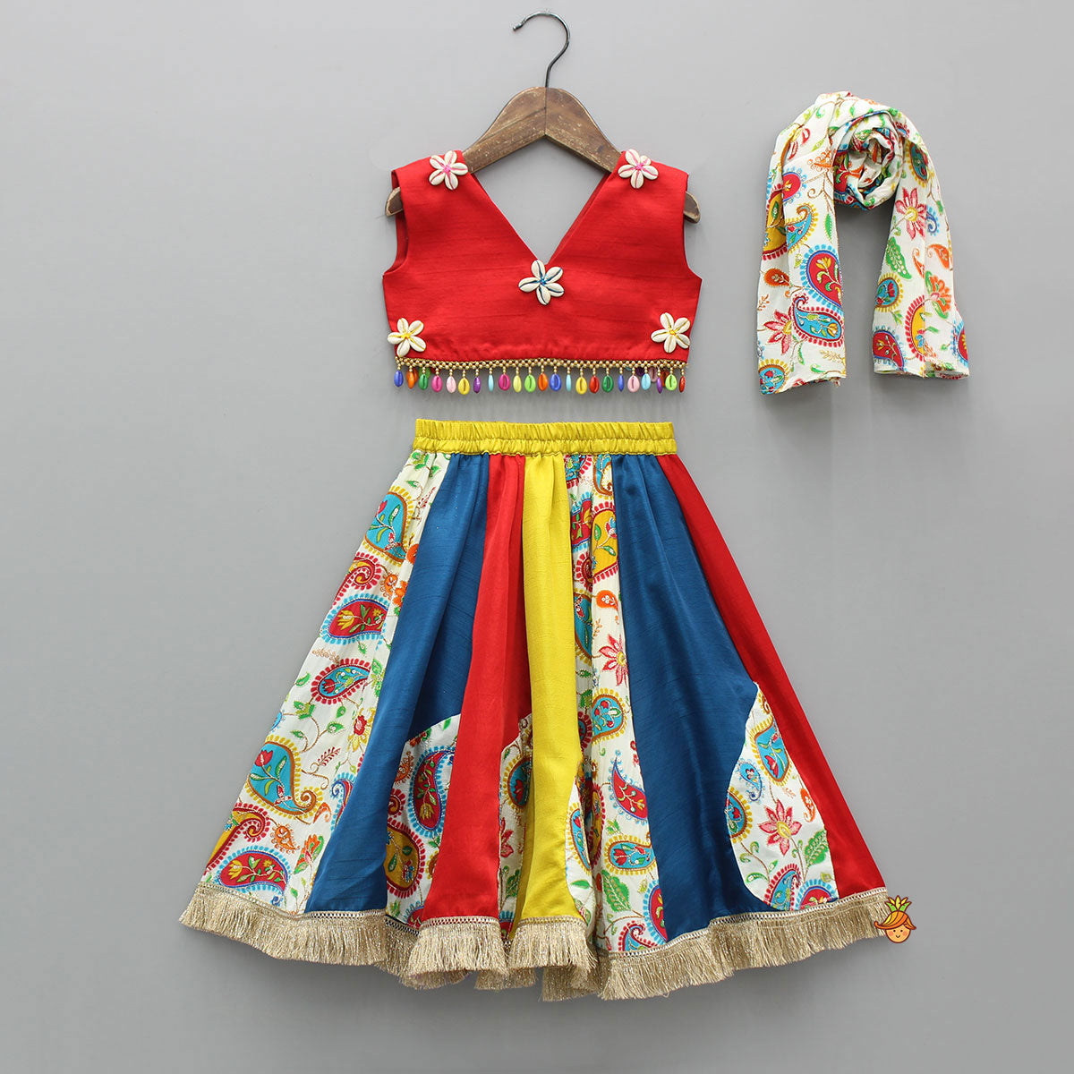 Pre Order: Vibrant Cowrie Shells Adorned Top With Multicolour Lehenga And Dupatta
