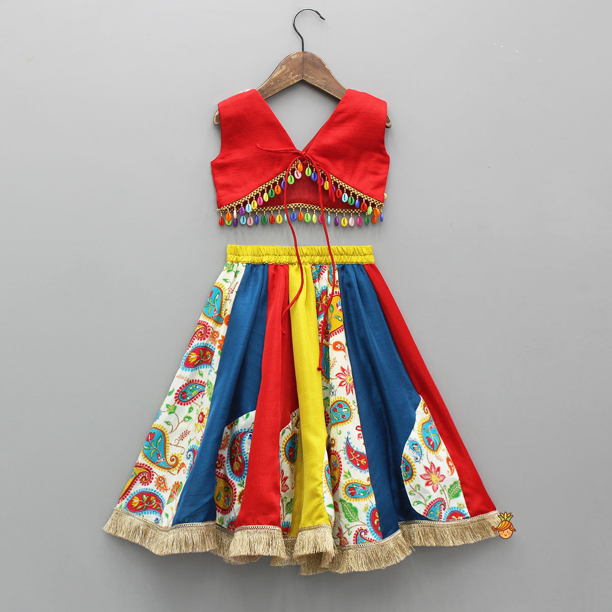 Pre Order: Vibrant Cowrie Shells Adorned Top With Multicolour Lehenga And Dupatta