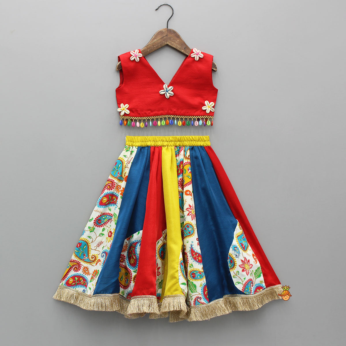 Pre Order: Vibrant Cowrie Shells Adorned Top With Multicolour Lehenga And Dupatta