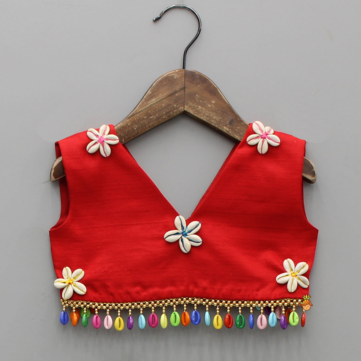 Pre Order: Vibrant Cowrie Shells Adorned Top With Multicolour Lehenga And Dupatta