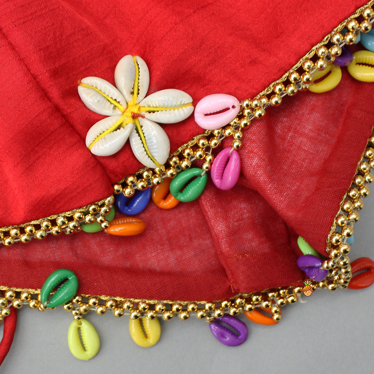 Pre Order: Vibrant Cowrie Shells Adorned Top With Multicolour Lehenga And Dupatta