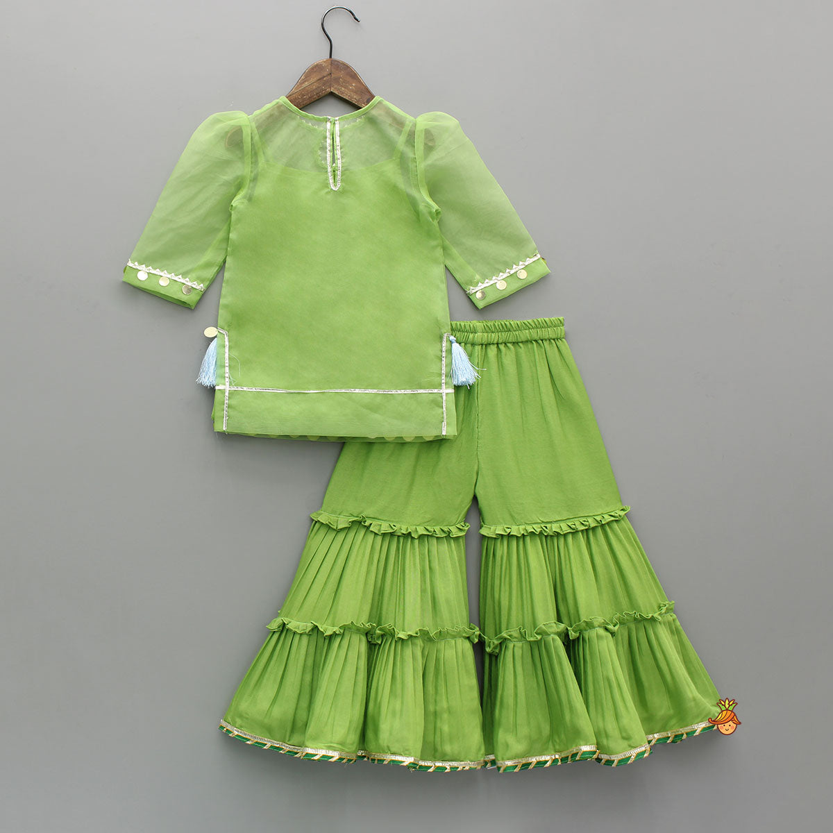 Pre Order: Ethnic Strappy Top With Embellished Kurti And Ruffled Sharara With Dupatta