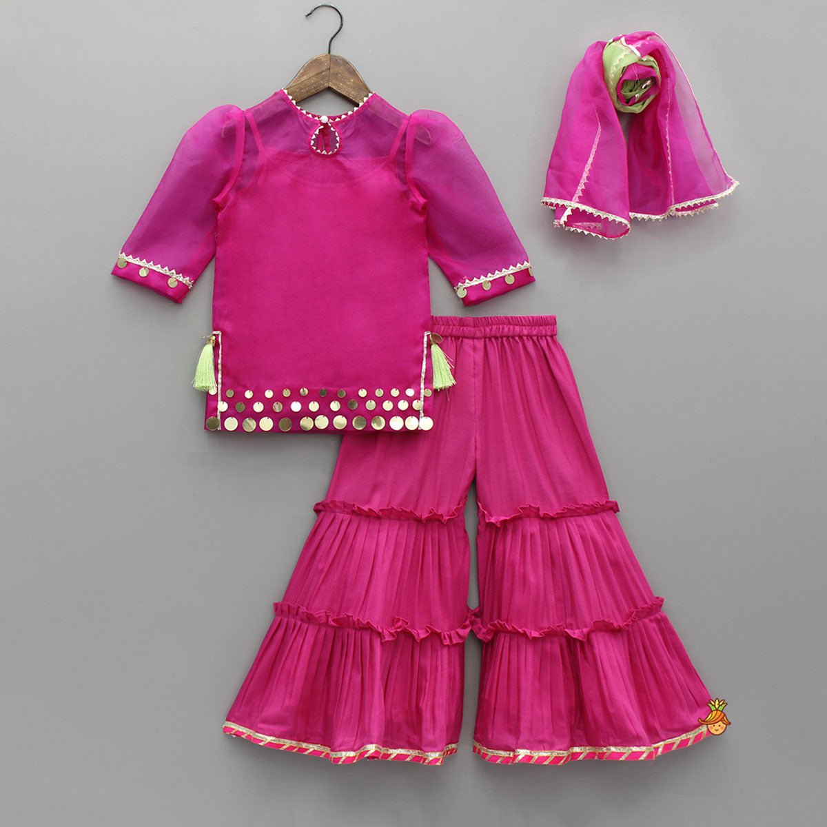 Pre Order: Elegant Strappy Top With Embellished Pink Kurti And Ruffled Sharara With Dupatta