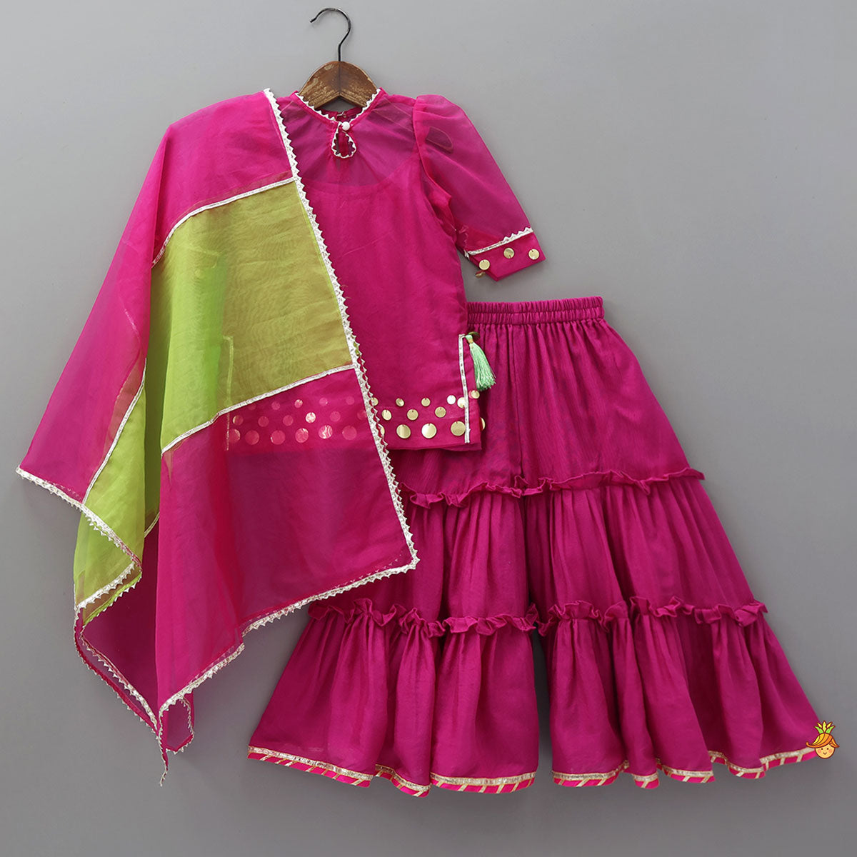 Pre Order: Elegant Strappy Top With Kurti And Ruffled Sharara With Dupatta