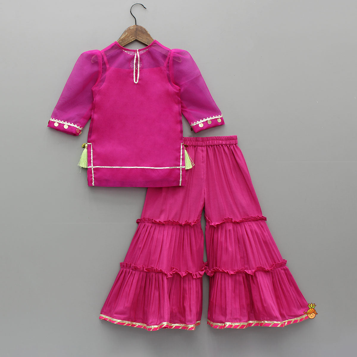 Pre Order: Elegant Strappy Top With Embellished Pink Kurti And Ruffled Sharara With Dupatta