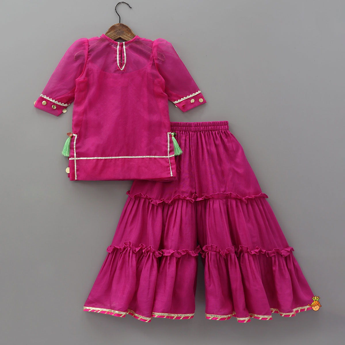 Pre Order: Elegant Strappy Top With Kurti And Ruffled Sharara With Dupatta