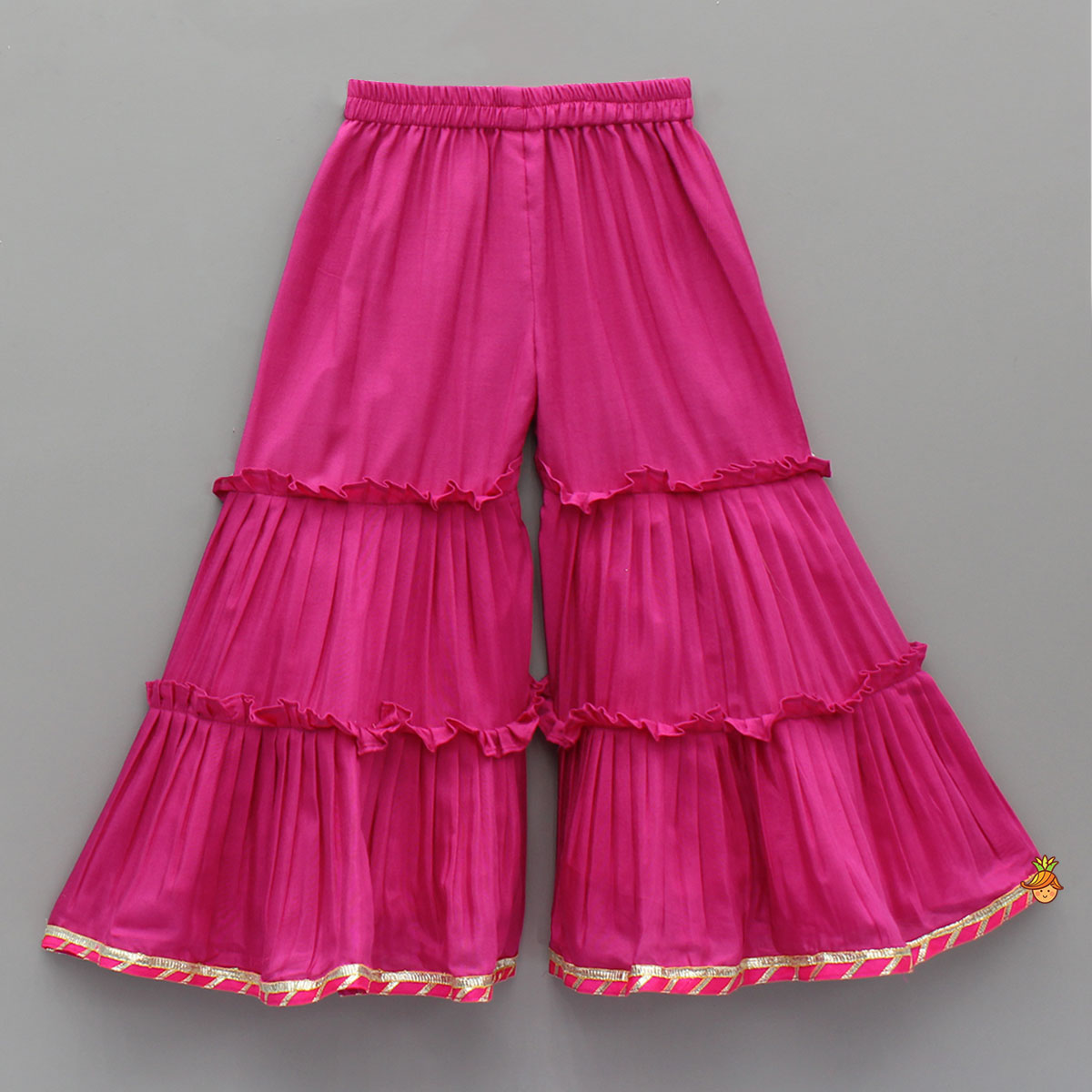 Pre Order: Elegant Strappy Top With Embellished Pink Kurti And Ruffled Sharara With Dupatta