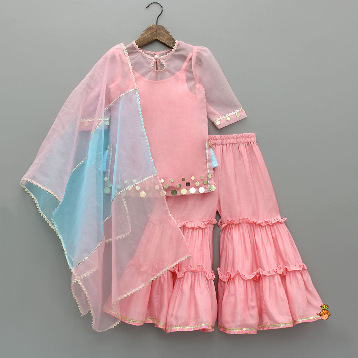 Pre Order: Elegant Strappy Top With Embellished Kurti And Ruffled Sharara With Dupatta