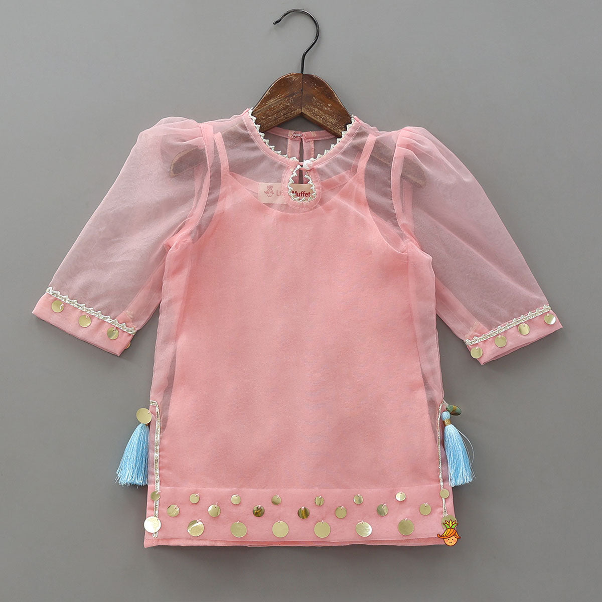 Pre Order: Elegant Strappy Top With Embellished Kurti And Ruffled Sharara With Dupatta