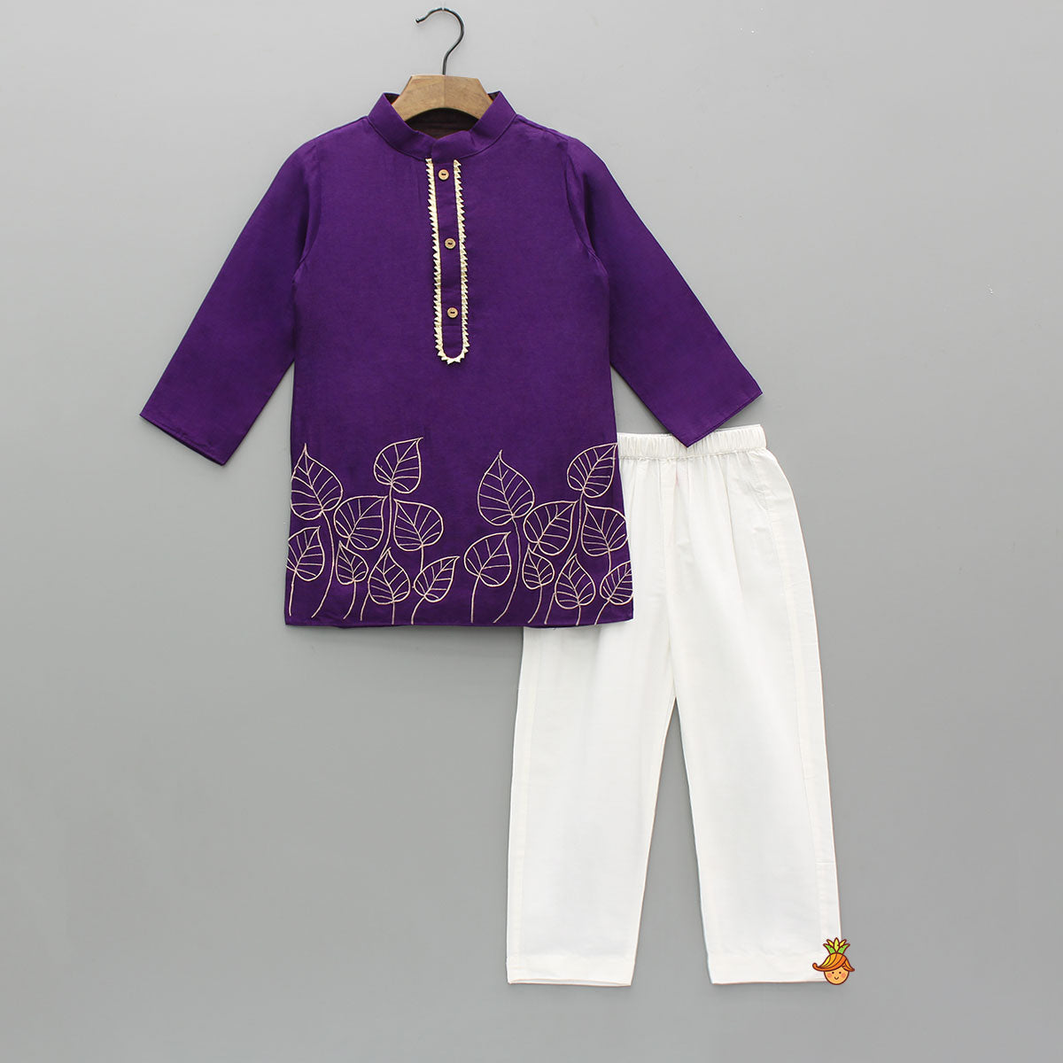 Pre Order: Purple Leaf Embroidered Kurta With Pyjama