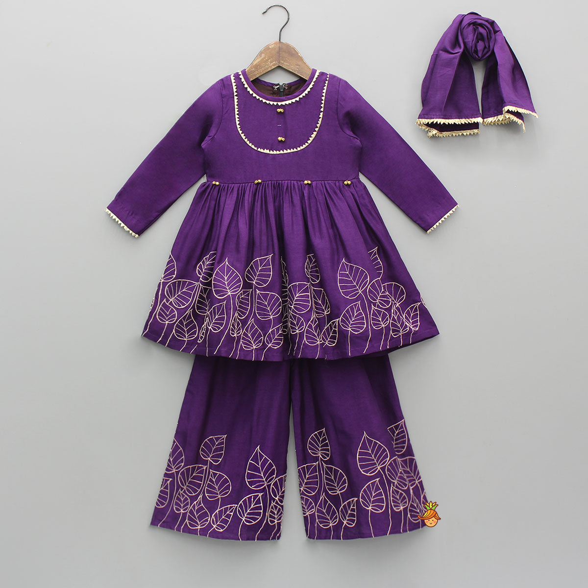 Pre Order: Leaf Embroidered Kurti With Matching Embroidered Palazzo And Dupatta