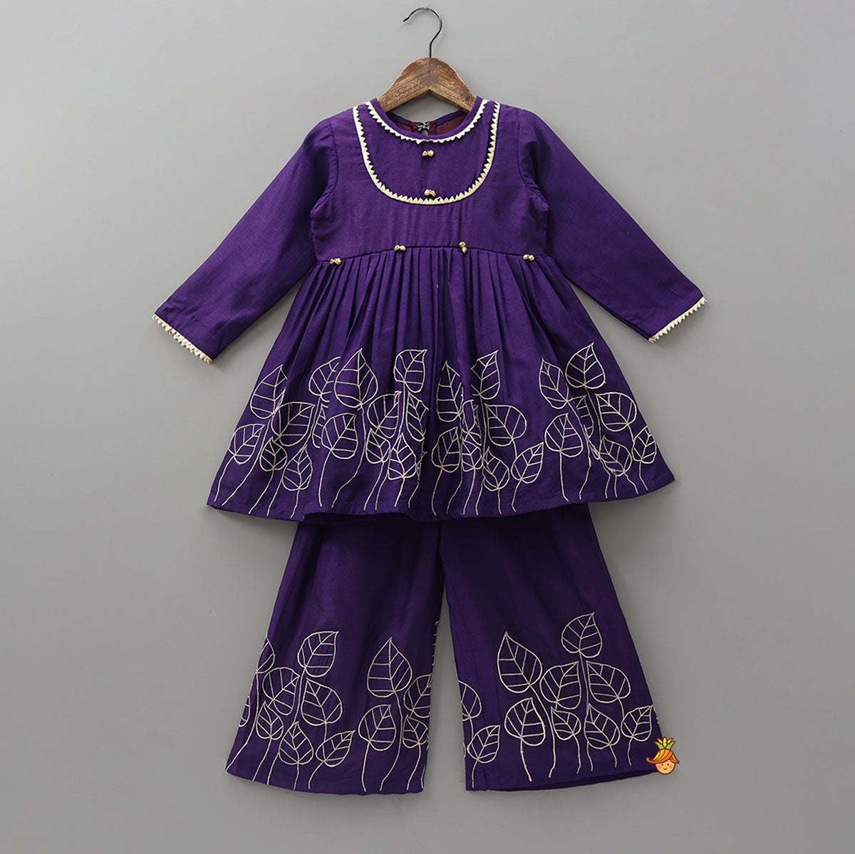 Pre Order: Leaf Embroidered Kurti With Matching Embroidered Palazzo And Dupatta