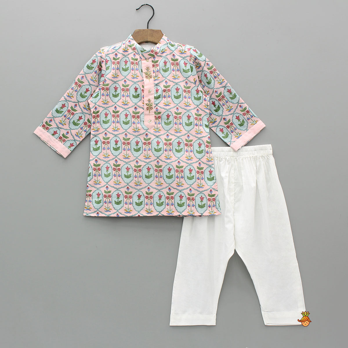 Embroidered Placket Floral Printed Ethnic Kurta And Pyjama