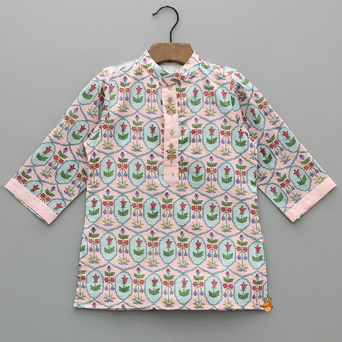 Embroidered Placket Floral Printed Ethnic Kurta And Pyjama
