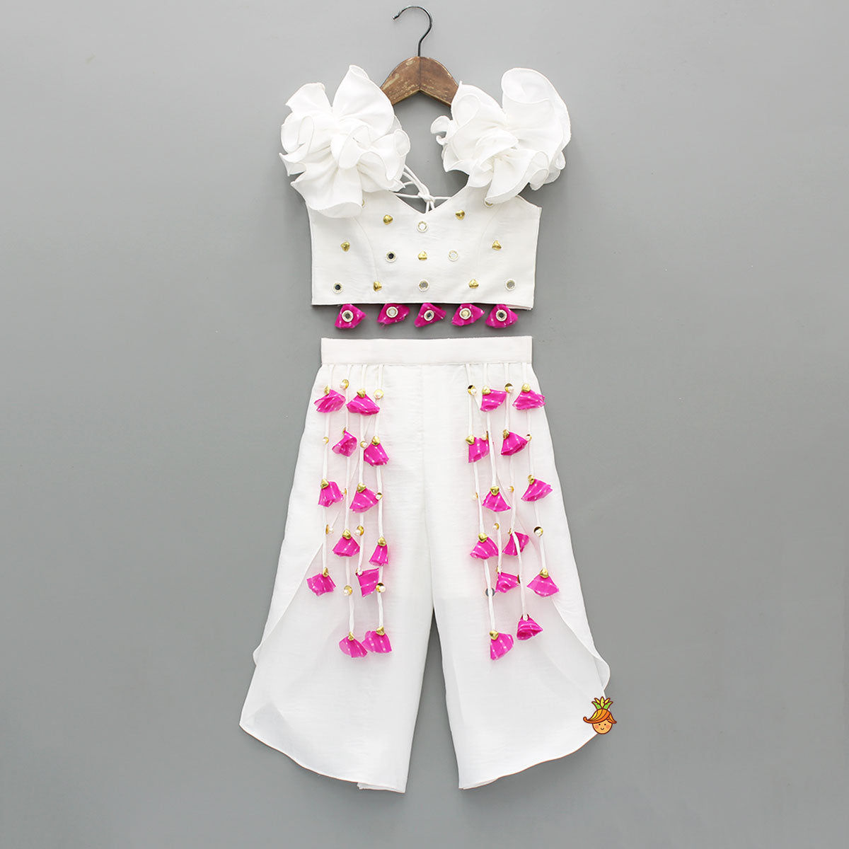 Pre Order: Ruffle Detailed Embellished Top With Tassel Adorned Palazzo
