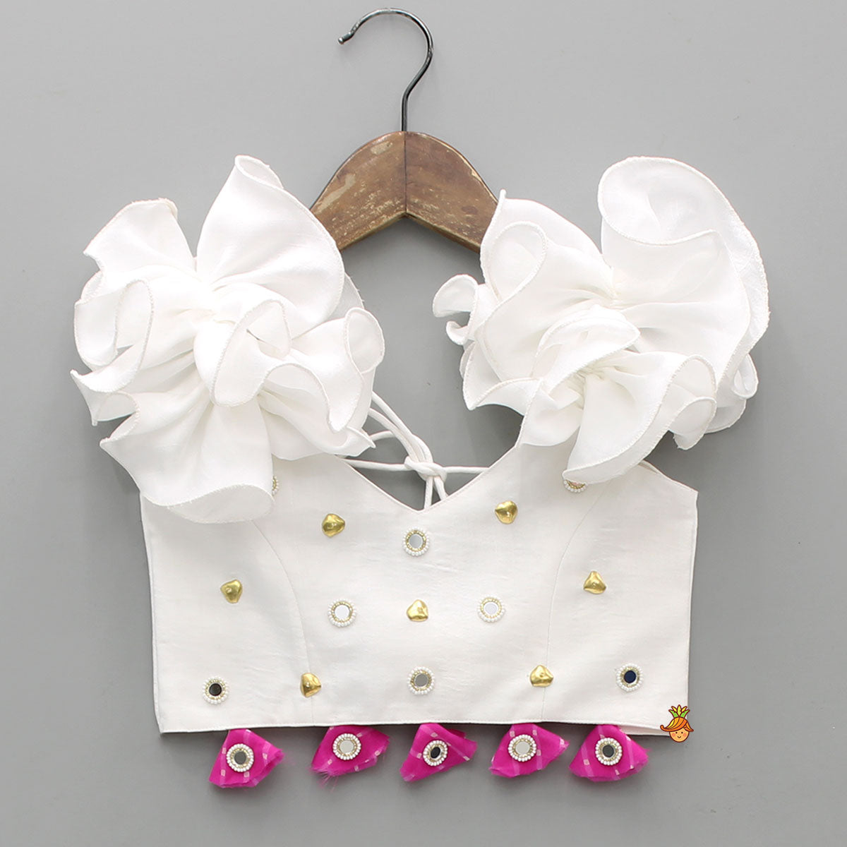 Pre Order: Ruffle Detailed Embellished Top With Tassel Adorned Palazzo