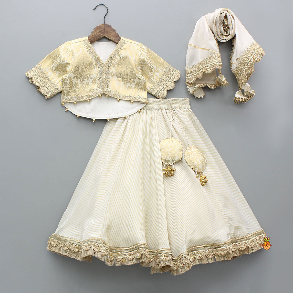 Pre Order: Brocade High-Low Top And Lehenga With Gota Lace Work Dupatta