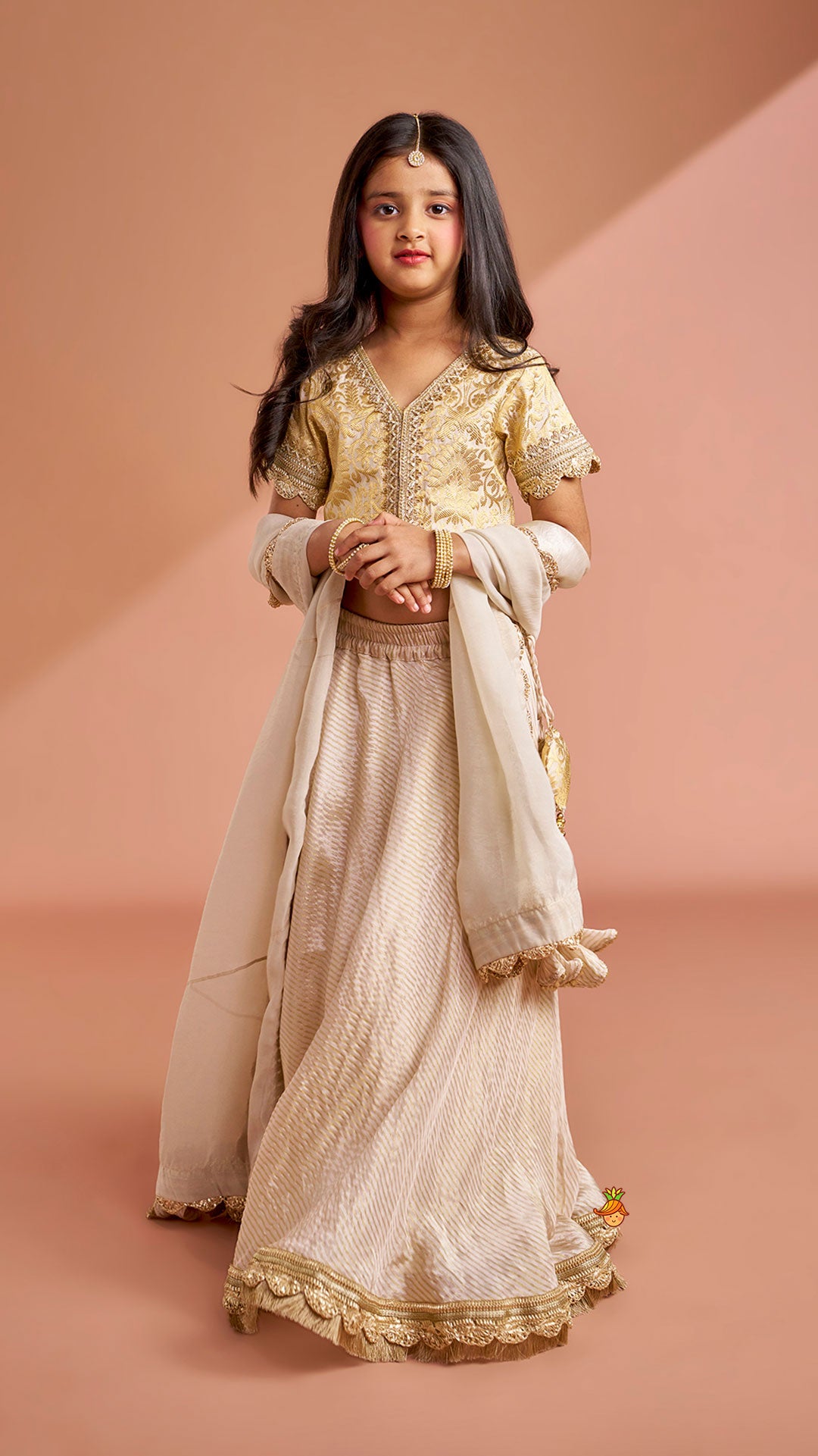 Pre Order: Brocade High-Low Top And Lehenga With Gota Lace Work Dupatta