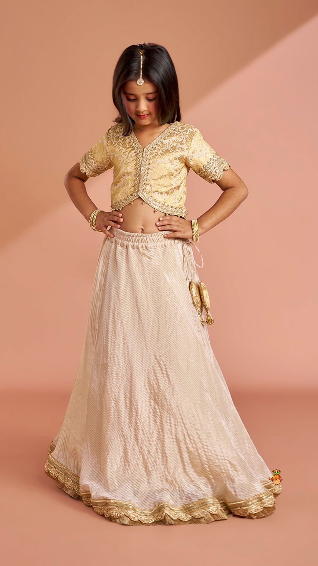 Pre Order: Brocade High-Low Top And Lehenga With Gota Lace Work Dupatta