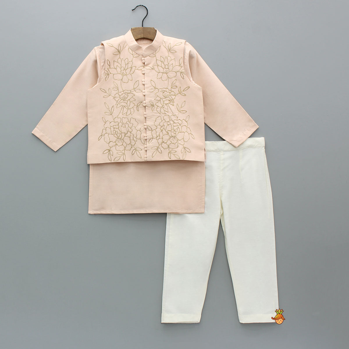 Pre Order: Kurta With Potli Button Detailed Jacket And Pyjama