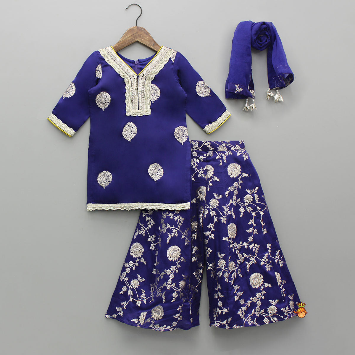 Pre Order: Beautiful Lace Adorned Kurti With Floral Palazzo And Dupatta