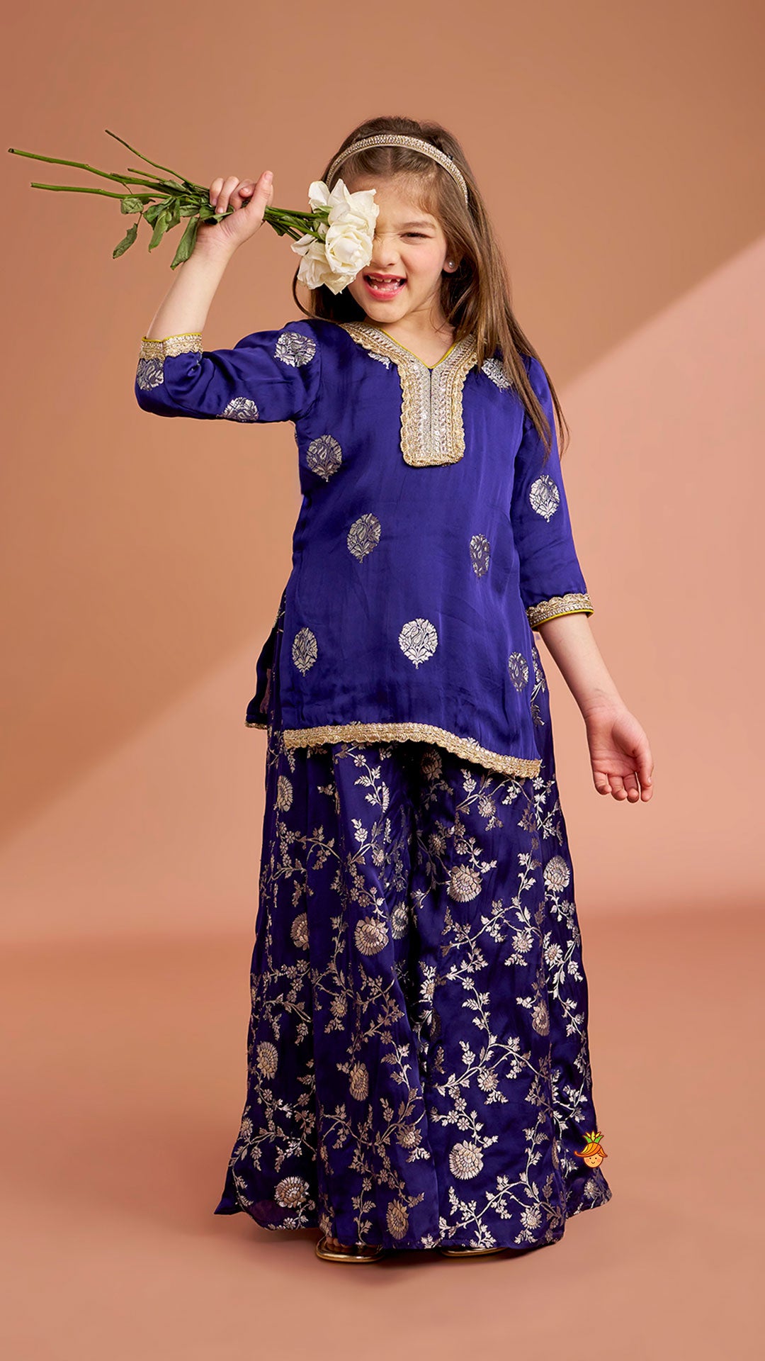 Pre Order: Beautiful Lace Adorned Kurti With Floral Palazzo And Dupatta