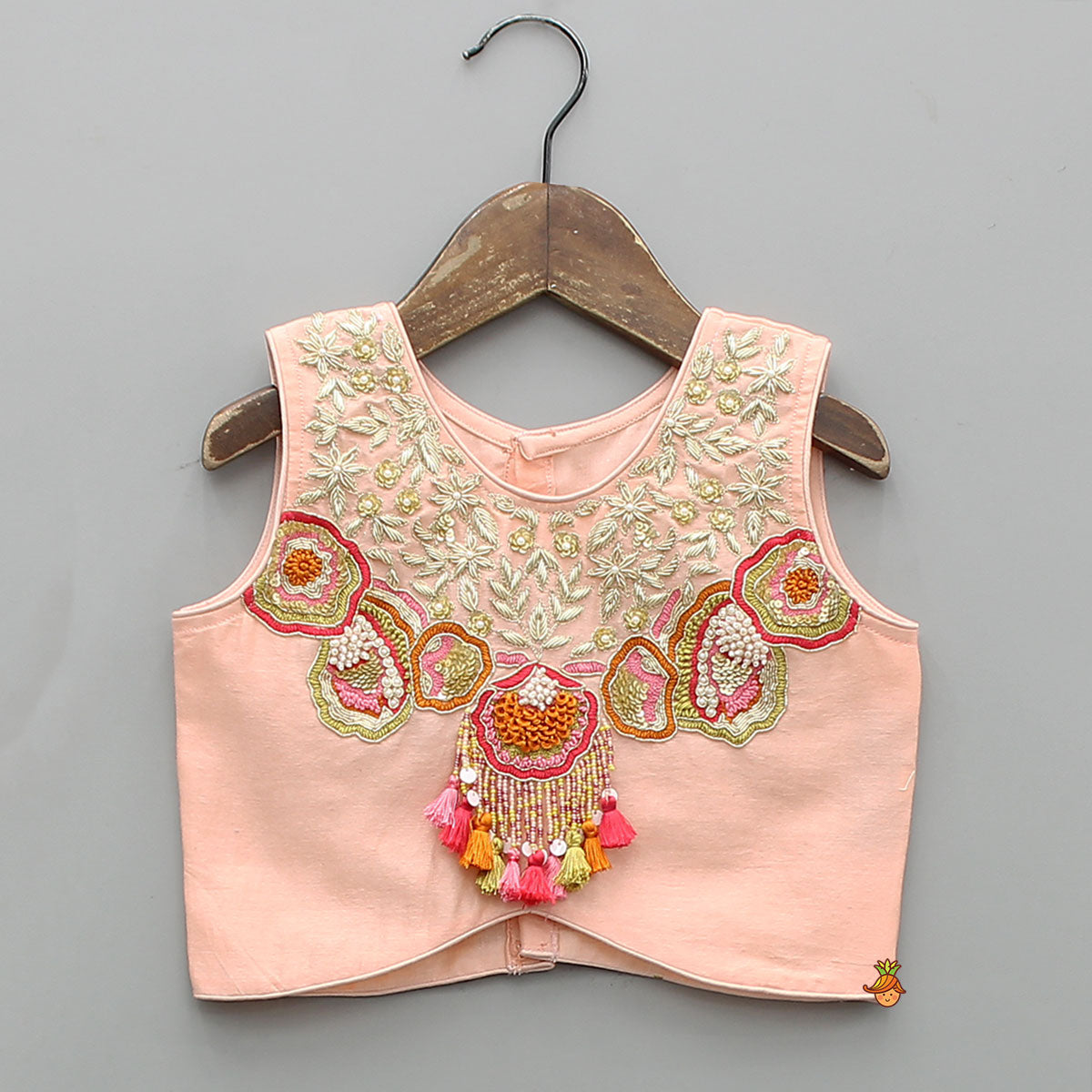 Pre Order: Fringe-Detailed Embroidered Top With Lehenga And Net Dupatta With Matching Potli Bag