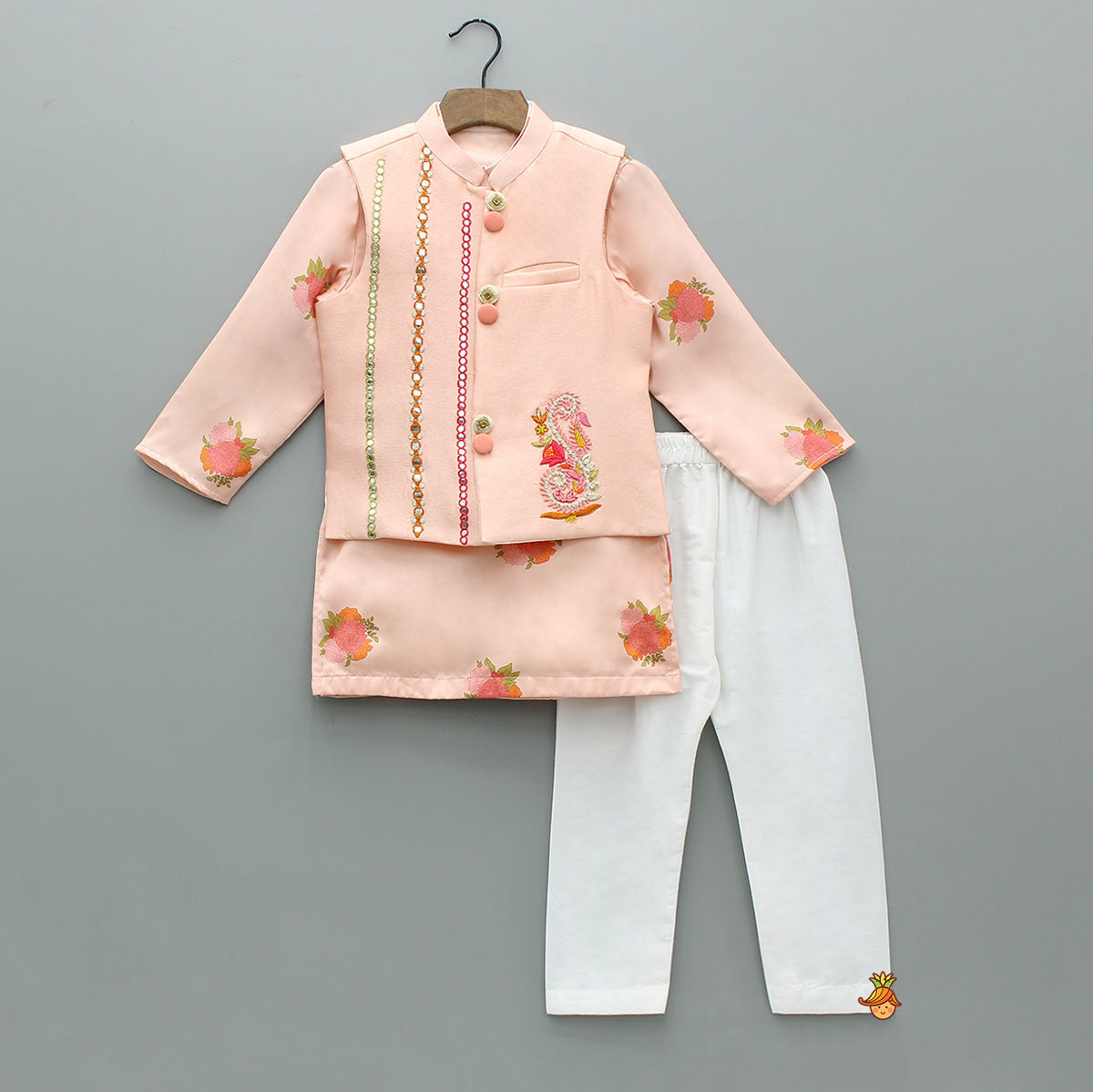 Pre Order: Floral Printed Kurta With Pocket-Detail Jacket And Pyjama