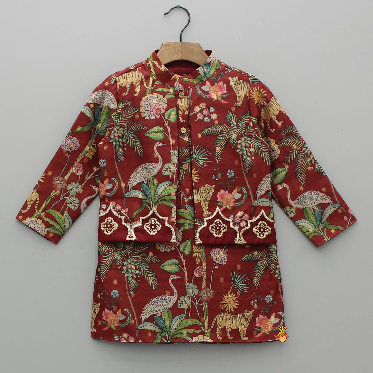 Pre Order: Jungle Printed Jacket Style Elegant Kurta With Pyjama