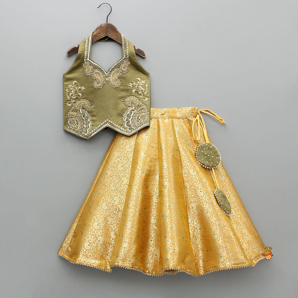 Pre Order: Halter Neck Paisley Embroidered Stylish Top With Brocade Lehenga
