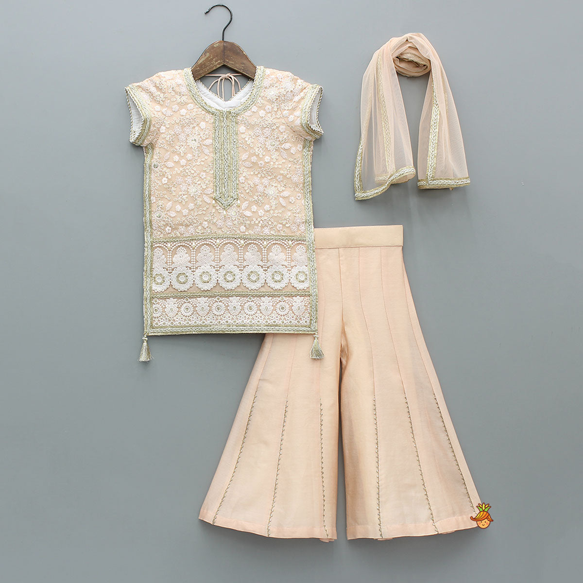 Pre Order: Exquisite Embroidered Lace Detailed Kurti With Palazzo And Dupatta
