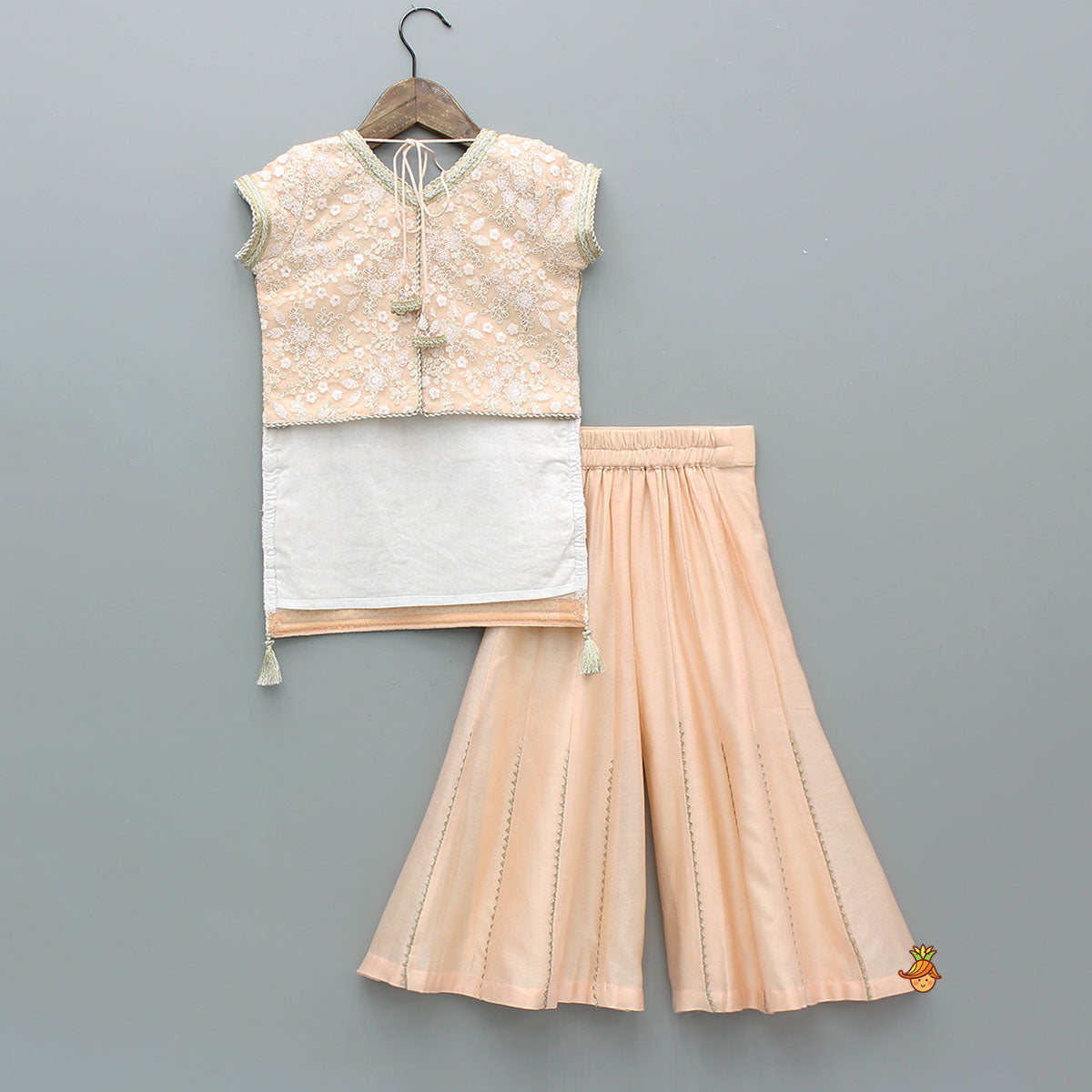 Pre Order: Exquisite Embroidered Lace Detailed Kurti With Palazzo And Dupatta