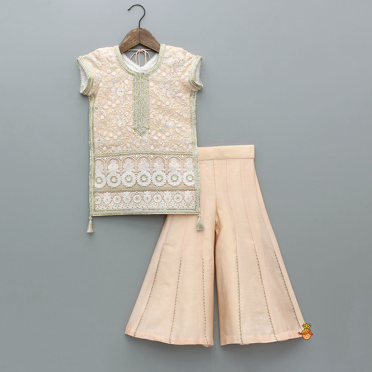 Pre Order: Exquisite Embroidered Lace Detailed Kurti With Palazzo And Dupatta